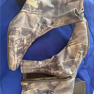 Denim-Print Ankle Boots with Side Zipper